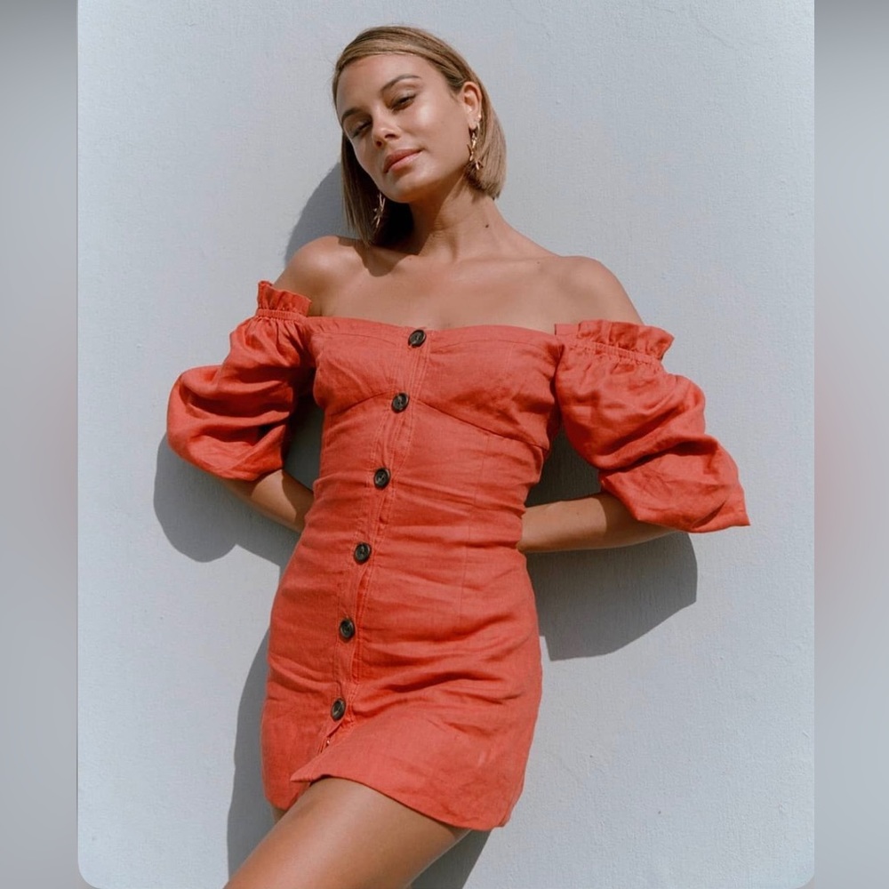 Suboo Rising Sun Button Front Linen Mini Dress brick red